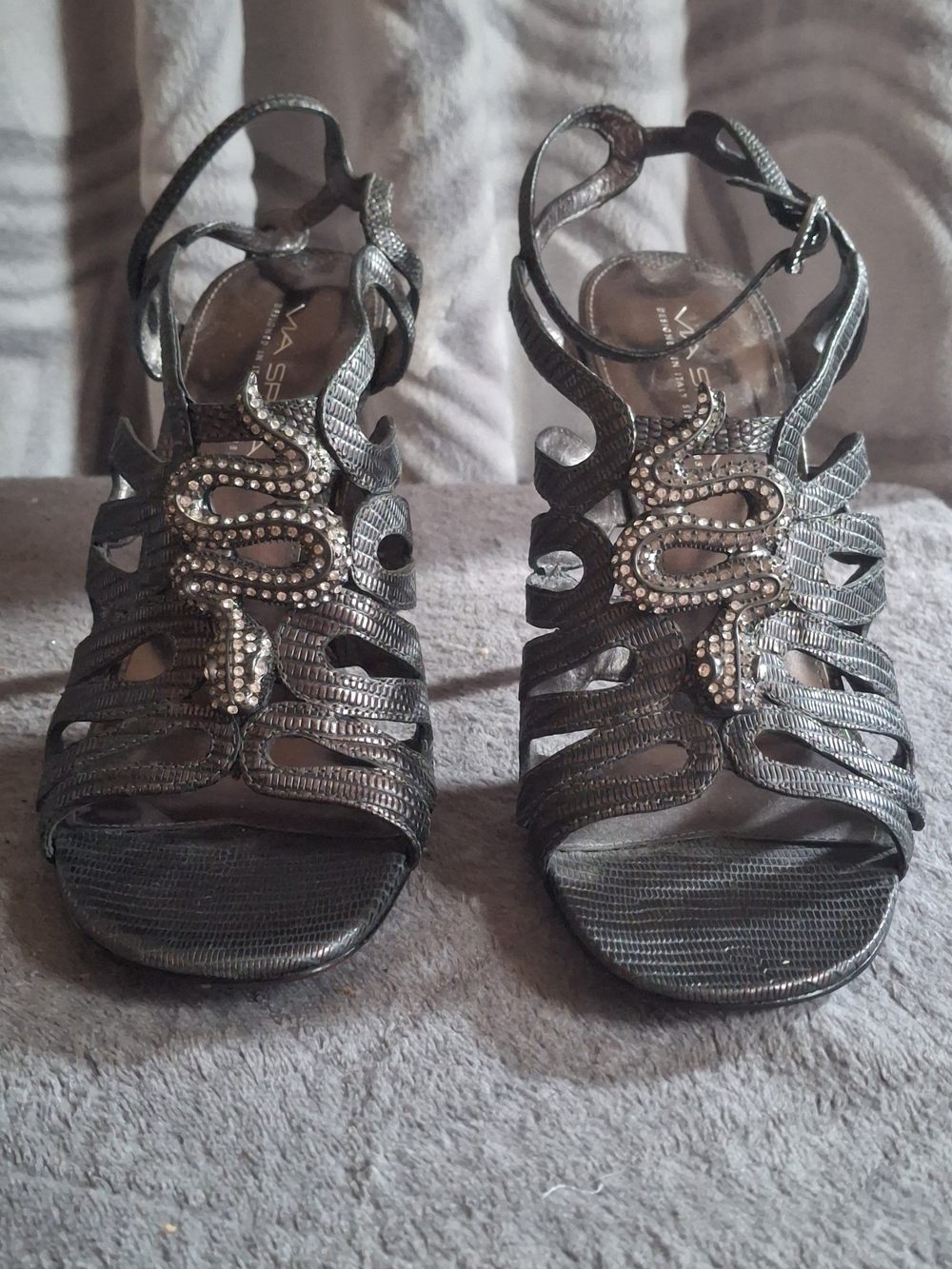 Via Spiga Metallic Black Strappy Heels with Rhinestone Snake Accent